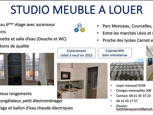 Location - STUDIO - 17e Paris - COURCELLES/WAGRAM/TERNES - Août ou Septembre 2