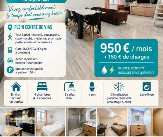 Vias Centre - Duplex meublé 120 m² - 4 chambres - Location temporaire dès 1 mois