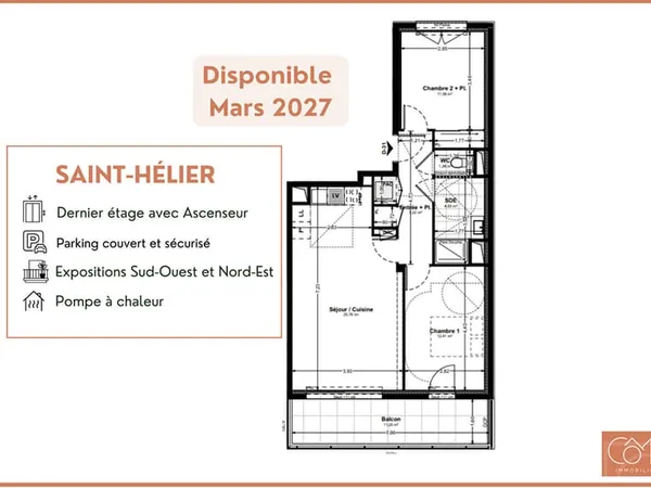 TYPE 3 DERNIER ETAGE - 63m² - BALCON 11m² ET PARKING - ASCENSEUR - EXPOSITIONS SUD-OUEST ET NORD-EST