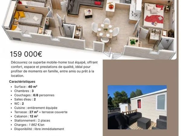 Mobilhome et son terrain dans PRL ouvert à l'année