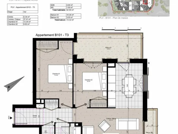 Appartement 3 pièces 63 m²