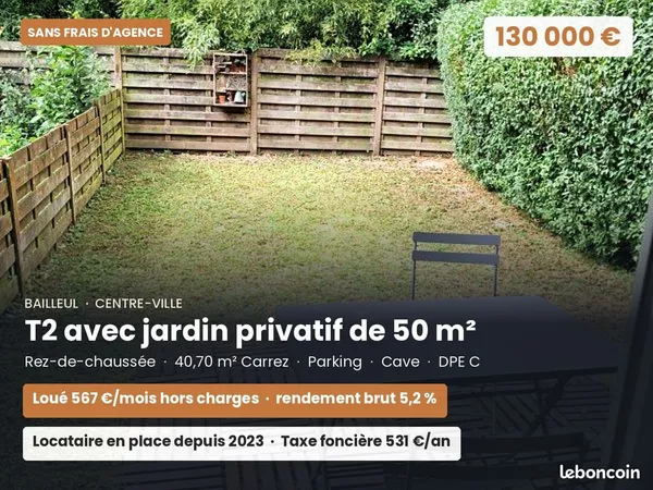 T2 avec jardin privatif 50 m² - Bailleul centre - loué 567 HC