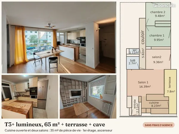 T3+ lumineux 65 m², terrasse et cave, Place Colbert