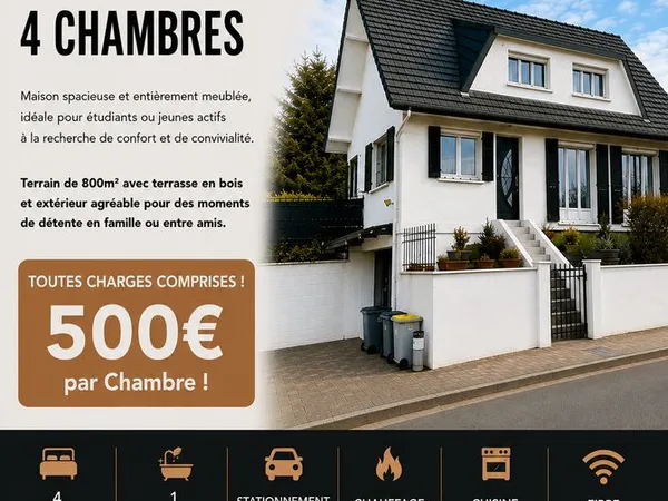 GRANDE MAISON AVEC EXTERIEUR POUR LOCATION ou COLOCATION (5min gare - 10 min centre ville - 500 par 