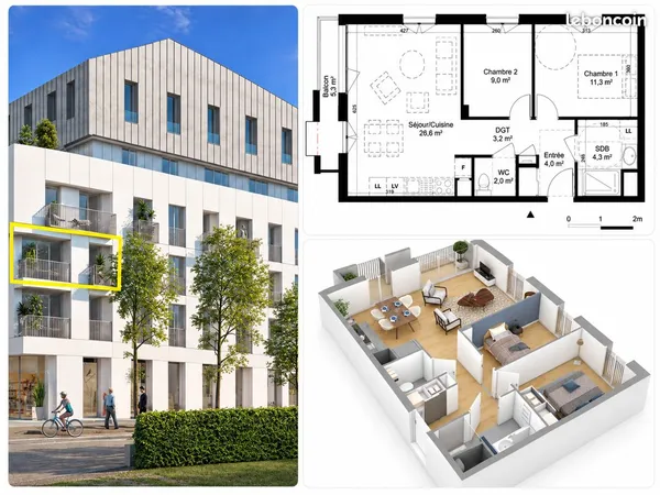 Appartement récent 3 pièces 60m2 avec garage - Norme PMR