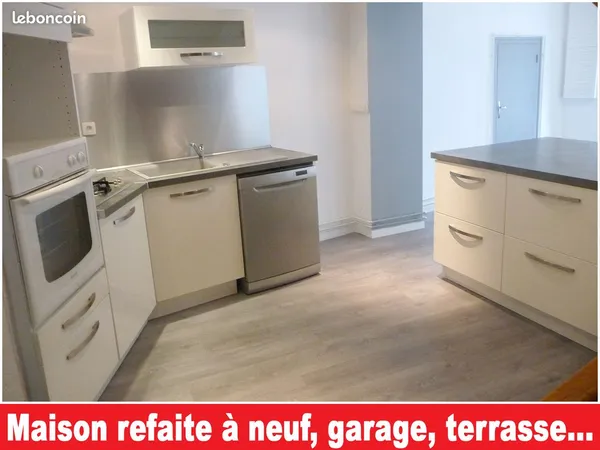 Maison T3 refaite à neuf, avec garage, terrasse, local stockage/atelier