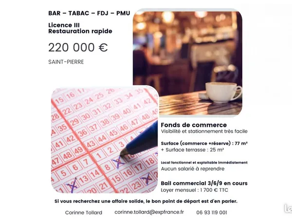 Bar, fdj, pmu, restauration, tabac 77 m² Saint-Pierre