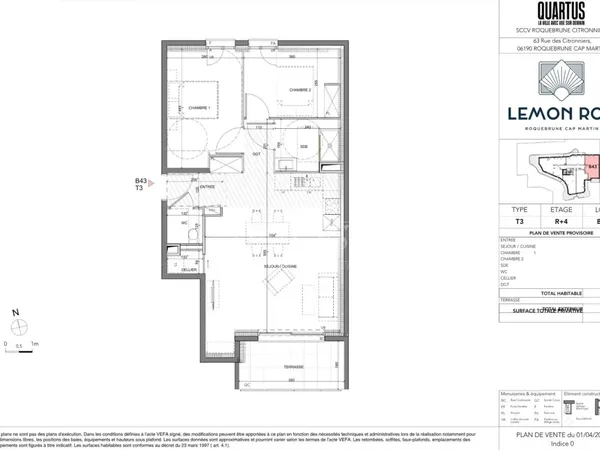 Lemon Roc - T3 B43 · 4ème étage · 62,94 m² + terrasse · Sud-Ouest · 2 parkings