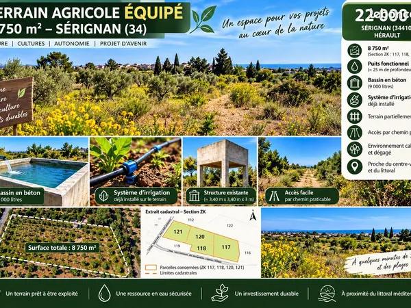 TERRAIN AGRICOLE ÉQUIPÉ - 8 750 m² - SÉRIGNAN (34410) 💧 Puits • Bassin 9 000 L • Réseau d'irrigation