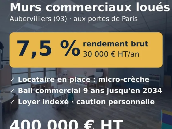 Murs commerciaux loués 177 m² neufs - rendement 7,5 % - Aubervilliers