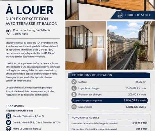 À LOUER - Duplex d'exception avec balcon - libre de suite - Rue du Faubourg Saint-Denis - 75010 Pari