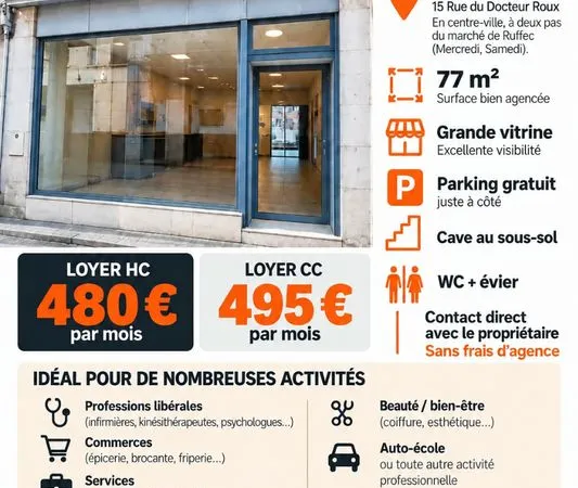 Local commercial 77m2 centre-ville ruffec