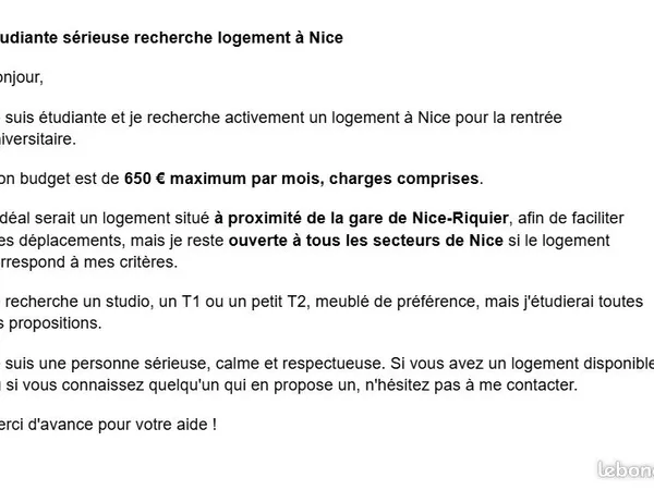 Étudiante sérieuse recherche logement à Nice