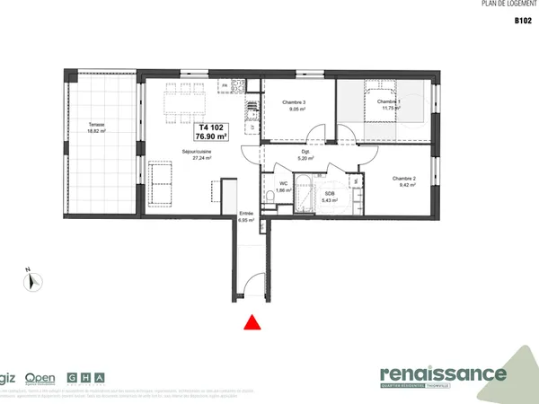 Résidence RENAISSANCE Appartement F4 neuf Lot B102