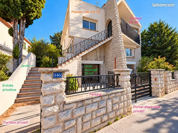 MAISON T5 130 m² + 70 m² aménagés en RDC + jardin + parking