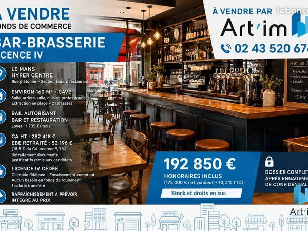Bar-brasserie, fonds de commerce 140 m² Le Mans