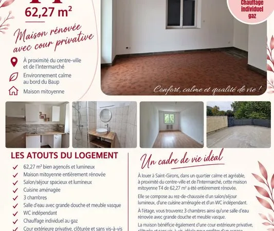 Maison individuelle T4 mitoyenne avec cour privative