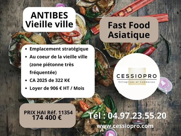 Antibes, Fast Food asiatique, bon CA, excellente réputation, zone piétonne.