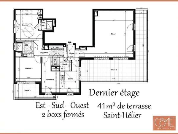 TYPE 4 DERNIER ETAGE - 41m² DE TERRASSE - EST-SUD-OUEST - 2 BOXS FERMES - SAINT HELIER - RENNES