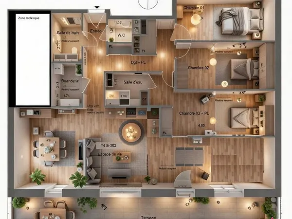 Sublime T4 en attique de 107m² habitables + 31m² utiles avec terrasse de 32m² plein sud