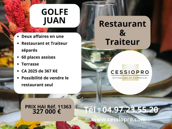 Golfe Juan, 2 affaires en une, un restaurant et un traiteur séparés, terrasse, état neuf, bons chiff