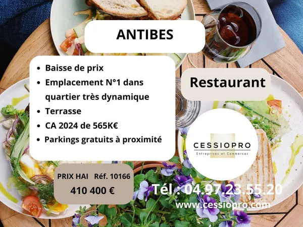 Baisse de prix - Restaurant, Antibes, emplacement no1, terrasse, refait entièrement, excellent CA - 