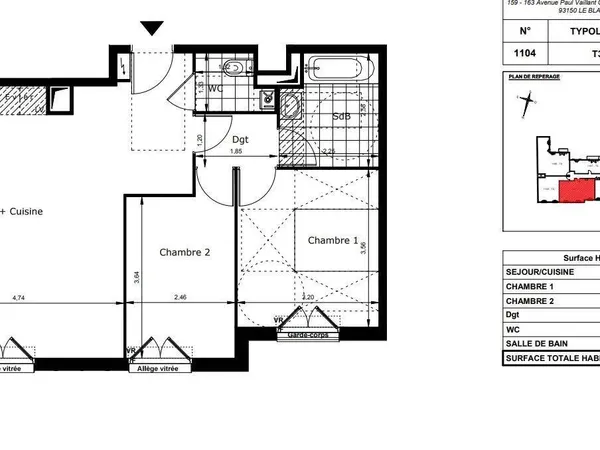 Appartement 3 pièces 64 m² 