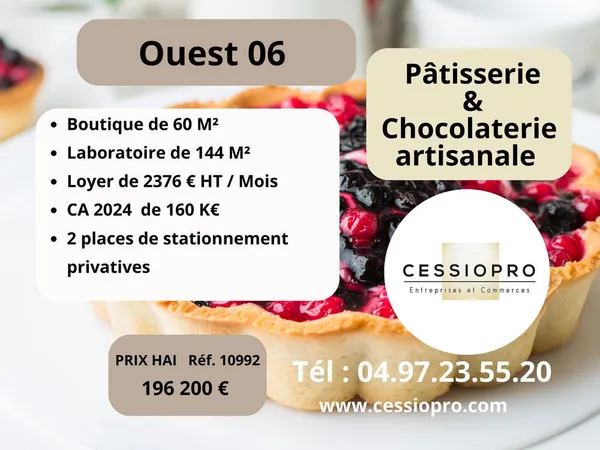 PÂTISSERIE & CHOCOLATERIE ARTISANALE ET LABORATOIRE 144m2 OUEST 06 