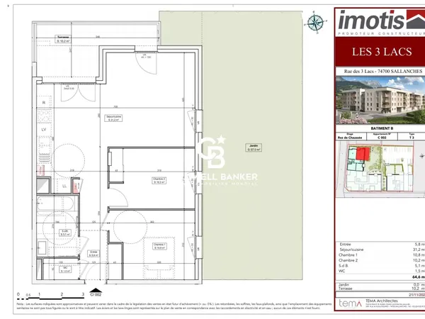 Appartement T3, 2 chambres, jardin, 64m² - Sallanches centre ville 