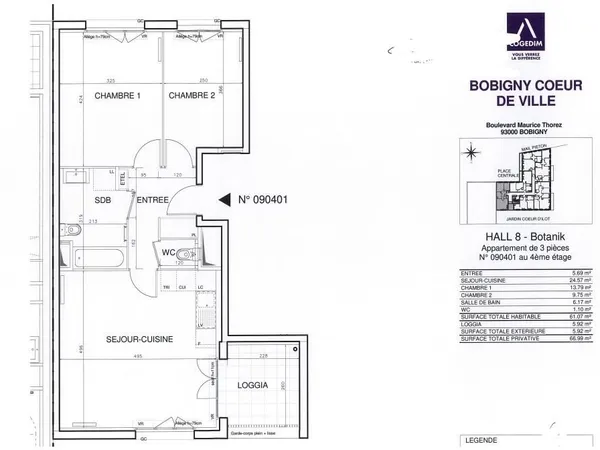 Appartement 3 pièces 61 m² 