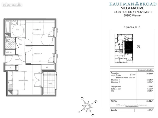 Appartement 3 pièces neuf meublé 54m2 + double parking sous sol 