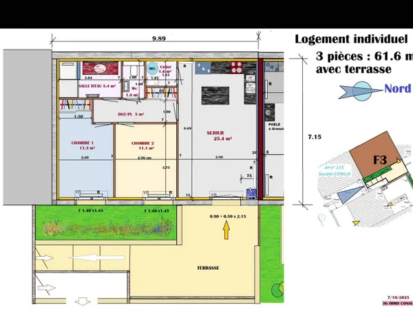 Appartement 3 pièces 61 m² 