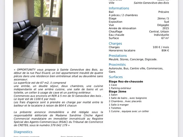 Loue appartement - 2 chambres, 67m², Sainte-Geneviève-des-Bois (91) 