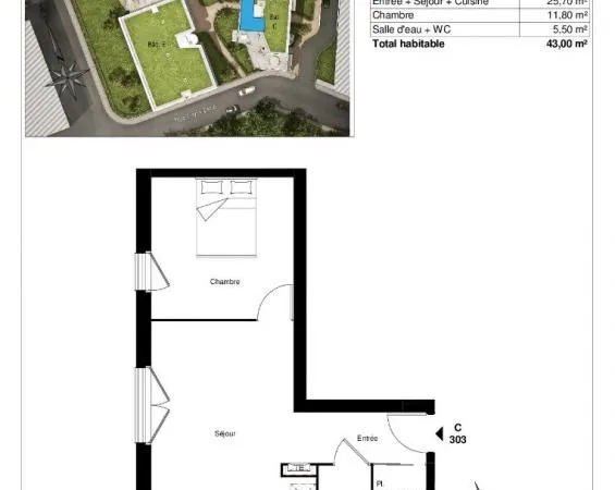 Appartement 2 pièces 43 m² 
