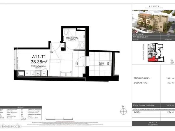 Studio 1 pièce 28 m² 