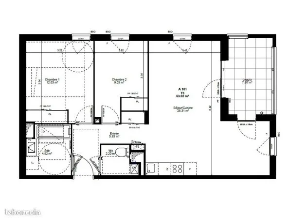 Appartement 3 pièces 63 m² 