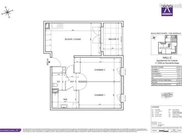 Appartement 3 pièces 61 m² 