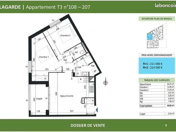 Appartement 3 pièces 60 m² 