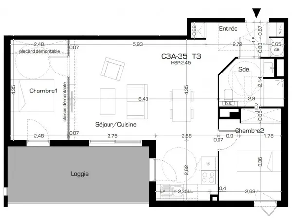 Appartement en résidence 3 pièces 66 m² 