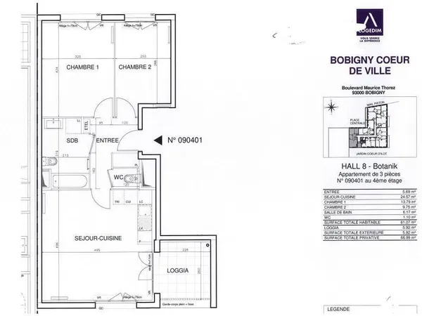 Appartement 3 pièces 61 m² 
