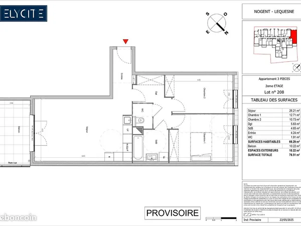 Appartement 3 pièces 66 m² 