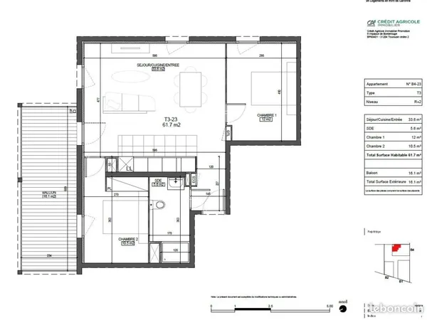 Appartement 3 pièces 61 m² 
