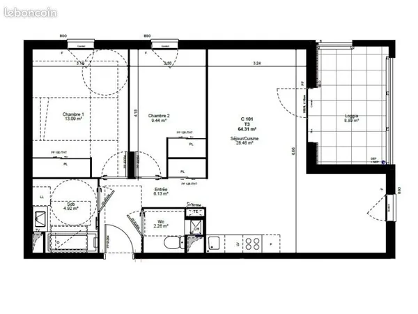 Appartement 3 pièces 64 m² 