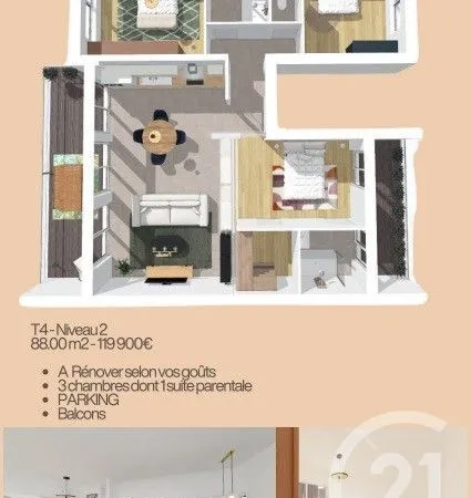 Appartement 4 pièces 88 m² 