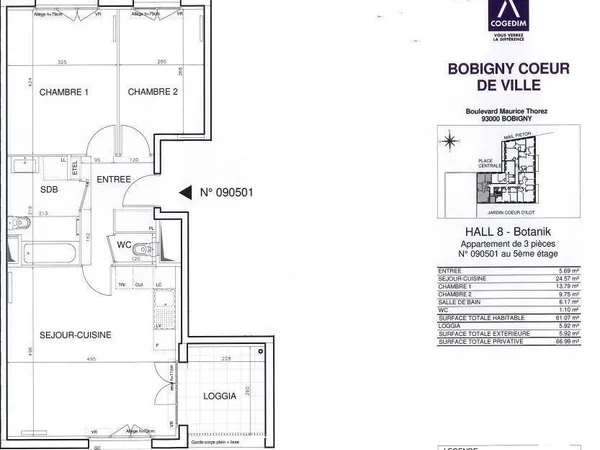 Appartement 3 pièces 61 m² 