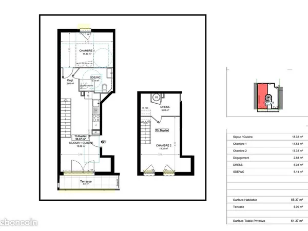 Duplex 3 pièces 56 m² 