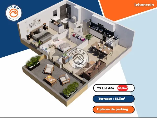 Appartement 3 pièces 66 m² 