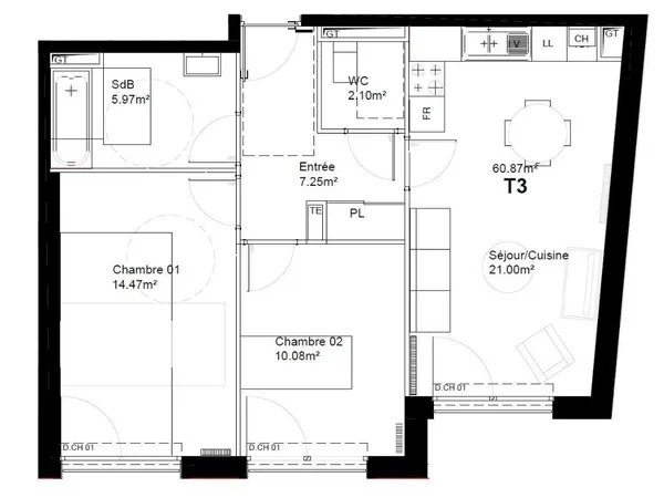 Appartement 3 pièces 61 m² 