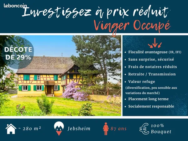 🏡 Grande maison + 4 282 m² de terrain - Viager sans rente - Rare à Jebsheim (15 min Colmar) 