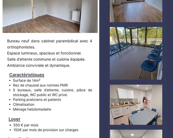 Bureau neuf à louer au sein d'un cabinet d'orthophonie 